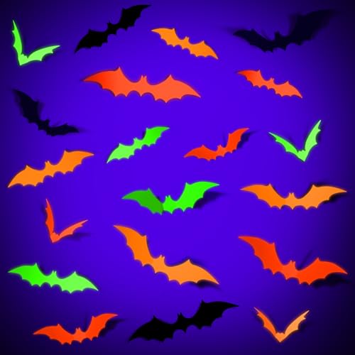 LOLStar 72-Piece 3D Neon Glow Halloween Bat Wall Decals, Fluorescent Decor