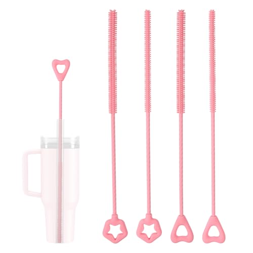 Penitue Silicone Straw Cleaner Brushes - 4 Pack, Pink Star & Heart