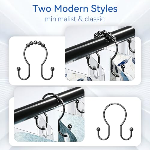 OEH Black Minimalist Double Shower Curtain Hooks - Rustproof Metal Rings, 12 Pcs