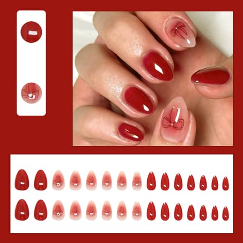 ZIFANHU Valentine Short Almond Press on Nails with Bow and Glitter