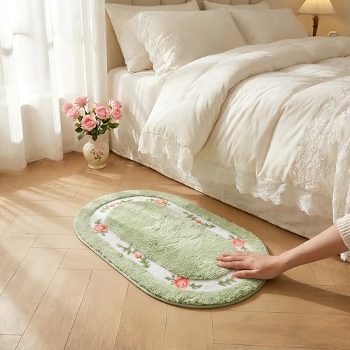 QMEAKMONY Green Rose Flower Shaggy Bathroom Rug 1'4" x 2' Oval