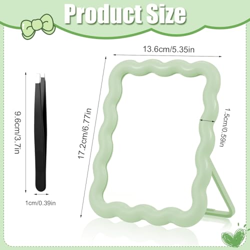 Green Wave-Shaped Adjustable Desk Mirror with Tweezer - Portable Makeup Mirror