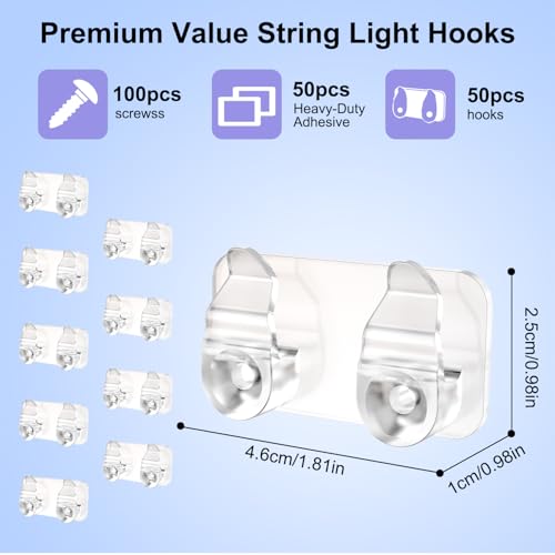 FALDAA 50Pcs Outdoor Light Clips, Heavy Duty Waterproof Double-Hook Hangers with Adhesive Strips and Screws for Patio String Lights