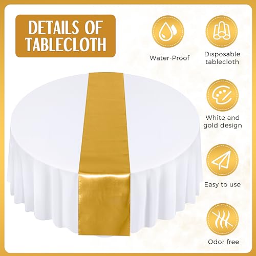 Tudomro White and Gold Round Tablecloth and Satin Runner Set - 8 Pieces, Disposable, 84 Inch