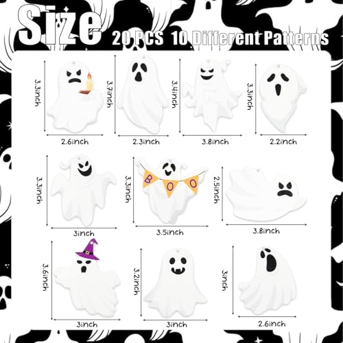 ZRETHFB 20Pcs Wooden Halloween Ghost Hanging Ornaments with Hemp Rope