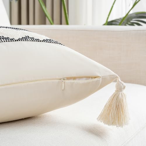 Fancy Homi Black Textured Throw Pillow Covers 18x18 - Set of 2 Boho Tassels