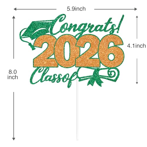 2026 Graduation Cake Topper - Green & Orange Glitter Decor