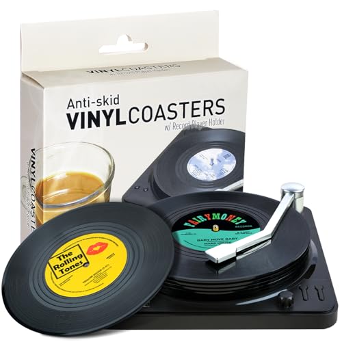 Retro Vinyl Record Coasters with Player Holder - Set of 6 (A008)