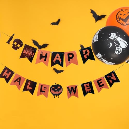 Happy Halloween Banner with Skulls & Bats - Indoor/Outdoor Decor