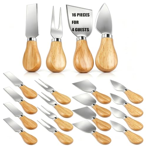 16-Piece Cheese Knife Set with Wooden Handles - Stainless Steel Kitchen Utensils