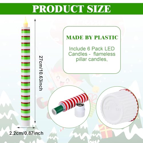 Christmas Flameless Taper Candles Set - Striped & Dots, 10.6 Inch, 6 Pack