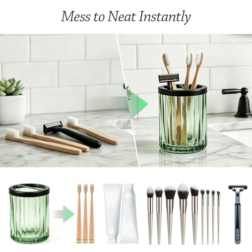 Komashr 8oz Green Striped Toothbrush Holder with Divider