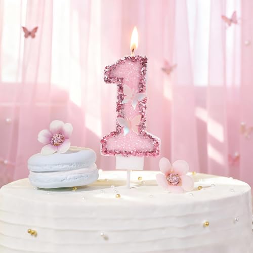 LASILE Pink Butterfly Number 1 Birthday Candle with Glitter Sequins, Cake Topper & Cupcake Decoration
