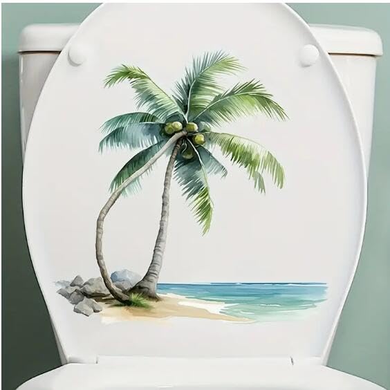Tropical Beach Palm Tree Toilet Seat Decals - Waterproof Floral Design