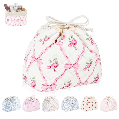 Playexen Quilted Drawstring Makeup Bag, Cute Travel Cosmetic Pouch