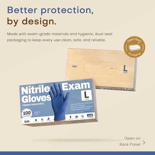 SUP Powder-Free Nitrile Exam Gloves, Large Blue, 100 Count