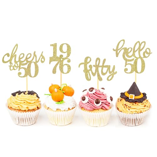 Gold 50th Birthday Cupcake Toppers - 24 Pcs Cheers to 50 Picks