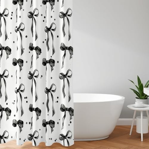 Aurisse Black and White Bow Shower Curtain, 72x72 Inch - Model 26-2