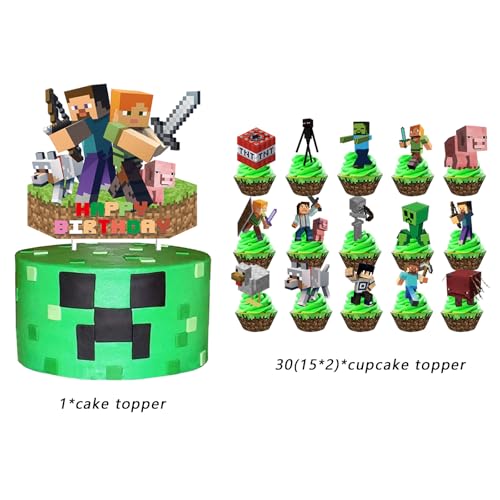 Pixel Cake Decoration Set - 31Pcs with Cupcake Toppers & Birthday Topper