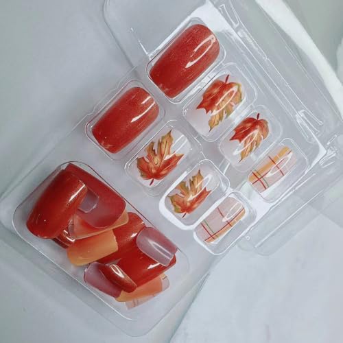 Fall Maple Leaf Press On Nails Medium Square Thanksgiving False Nails