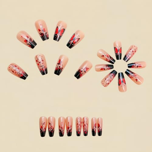 Red Butterfly Floral Press on Nails Medium Coffin French Tip Acrylic False Nails