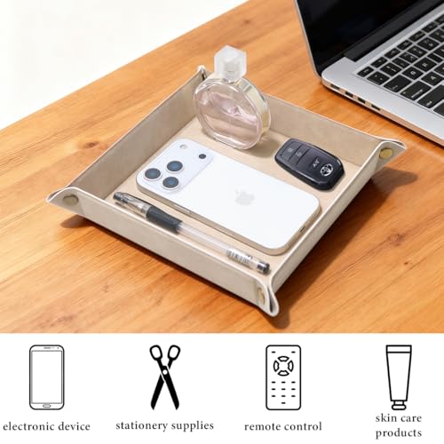 WAYIFON PU Leather Valet Tray - Foldable Desktop Catchall in Apricot
