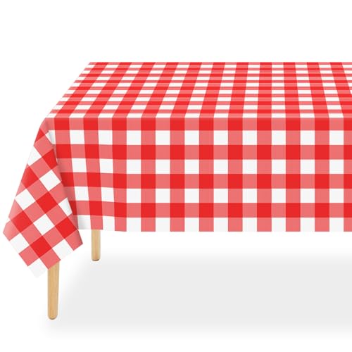 Red Gingham Plastic Tablecloth 3 Pack - Picnic & Party Cover, 54x108 Inches