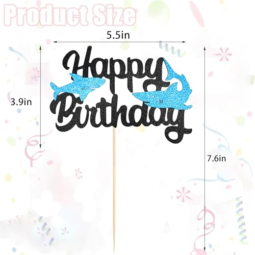 Blue Glitter Shark Happy Birthday Cake Topper for Ocean Parties