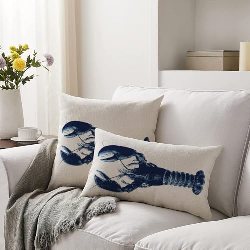 Navy Blue Lobster Throw Pillow Cover 12x20 Inch - Nautical Home Decor