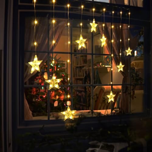 Quntis Warm White Christmas Window Lights with 76 LEDs & 9 Stars - Battery Operated Indoor Decor with 8 Modes & Timer