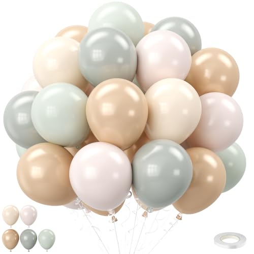 FEYG 12 Inch Retro Dusty Green & Beige Latex Balloons - 30 Pack