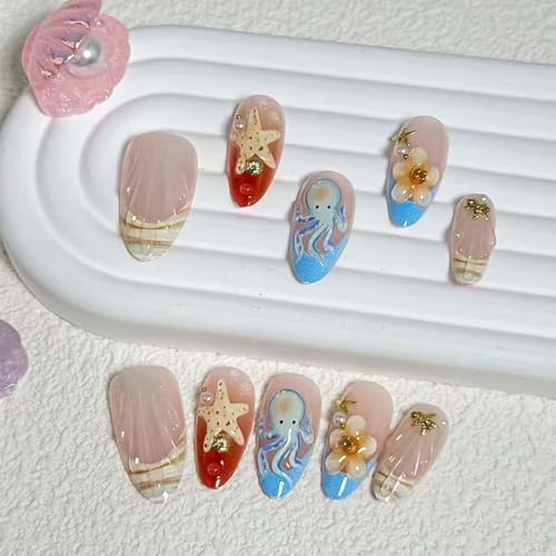 French Tip Press on Nails Medium Almond 3D Flower Fake Nails
