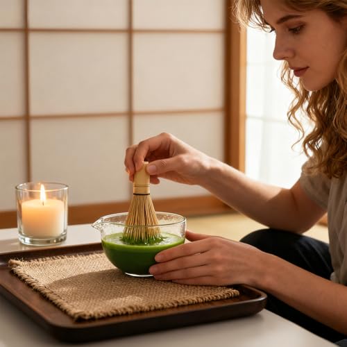 Textured Glass Matcha Bowl with Spout - Japanese Style Green Tea Whisk & Salad Mixing Bowl