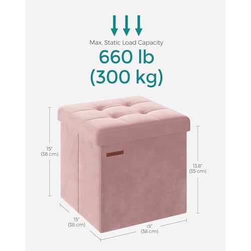 SONGMICS Small Storage Ottoman, Folding Ottoman Cube, 15 x 15 x 15 Inches, Footstool, Footrest, 11 Gal. (43 L), Velvet Surface, for Bedroom, Living Room, Dorm, Jelly Pink ULSF227R01