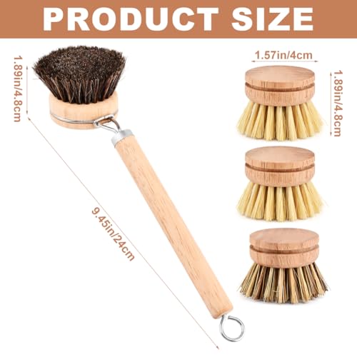 LORGVEXN Wooden Dish Brush with 3 Replaceable Natural Bristle Heads – Eco-Friendly Kitchen Tool