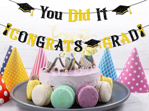 Congrats Grad Banner Set - Black & Gold Graduation Decorations