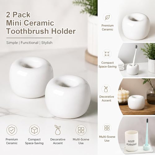 Mini Ceramic Toothbrush Holders 2-Pack - Space-Saving Bathroom Decor, White