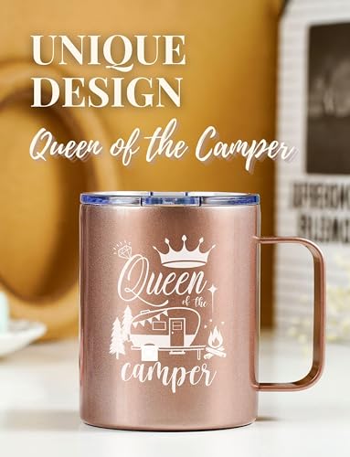Camping Coffee Mug - Rose Gold 12oz Travel Cup for RV & Glamping Enthusiasts