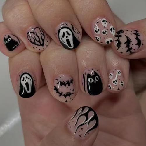 Halloween Short Square Press on Nails with Ghost Design 24Pcs