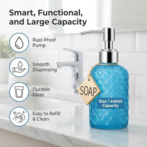 Casafoyer 15 Oz Blue Glass Soap Dispenser with Stainless Steel Pump
