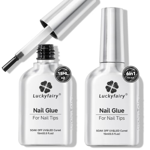 Luckyfairy 6-in-1 Nail Glue Gel for Acrylic False Nails, 15ml 2-Pack