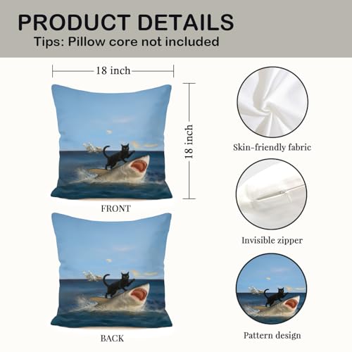 Funny Black Cat & Shark Pillow Cover 18x18 - Quirky White Cat Design