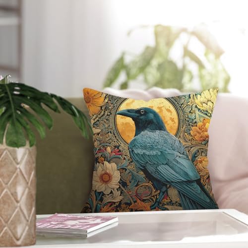 Vintage Crow Raven Throw Pillow Cover 18x18, Gothic Floral Moon Cushion Case