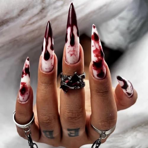 Halloween Long Stiletto Press On Nails with Horror Blood Drop Design 24Pcs