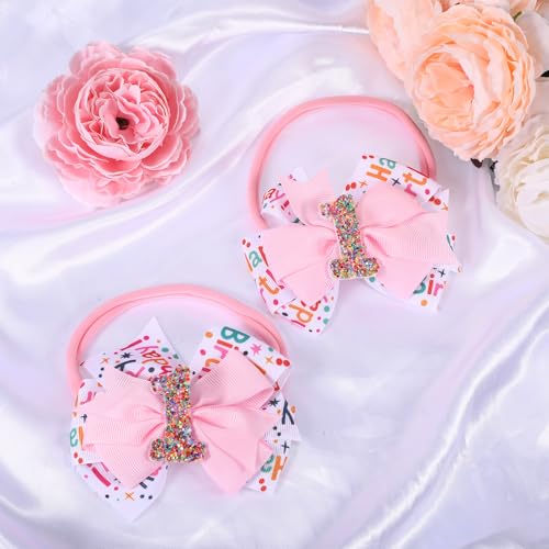 Keggaen 2-Pack 4-Inch Sweet One Birthday Hair Bows for Girls Pink