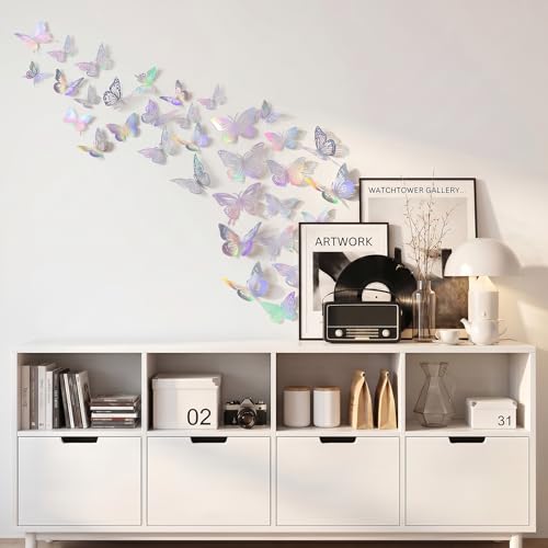 3D Silver Laser Butterfly Wall Decals - 48Pcs Removable Room Decor