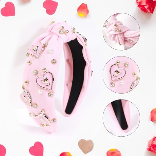 Sokfone Pearl Rhinestone Knotted Headband - Pink Valentine Heart Hair Accessory