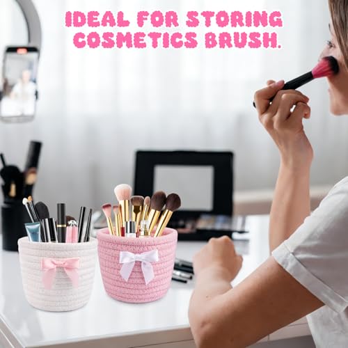 Pink Bow Makeup Brush Holder Set - Woven Cotton Storage Baskets