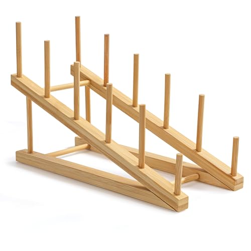 HBlife Bamboo Dish Drying Rack - 5 Slot Stepped Plate & Cup Organizer
