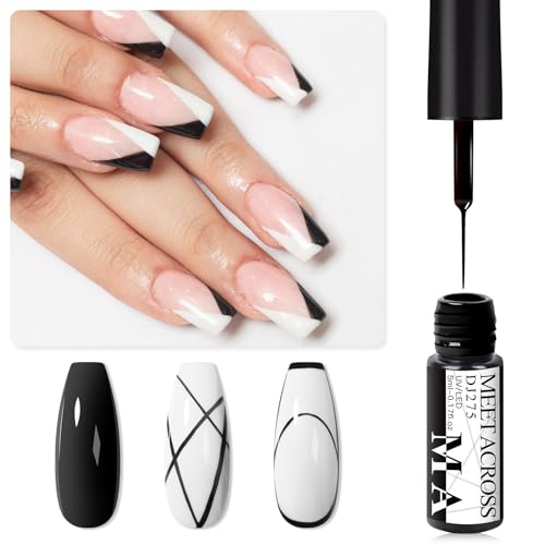 MEET ACROSS Black and White Nail Art Liner Gel Polish Set with Built-In Brush